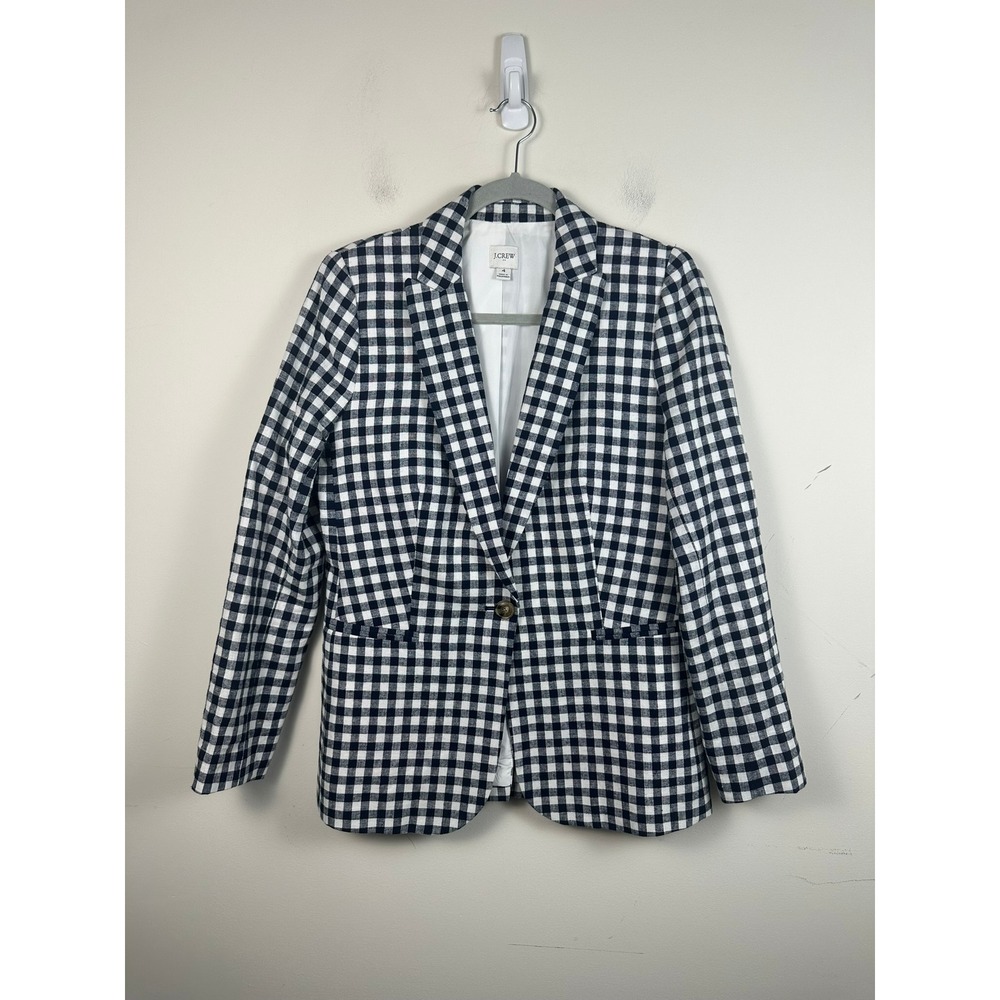 J.Crew Parke Blazer Women 4 Navy White‎ Gingham Excellent Tailored Linen Cotton